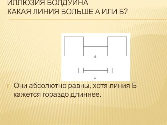 Иллюзия Болдуина Какая линия больше А или Б? Они абсолютно равны, хотя