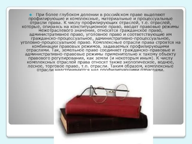 При более глубоком делении в российском праве выделяют профилирующие и комплексные, материальные