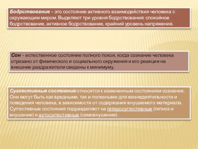 Бодрствование – это состояние активного взаимодействия человека с окружающим миром. Выделяют три