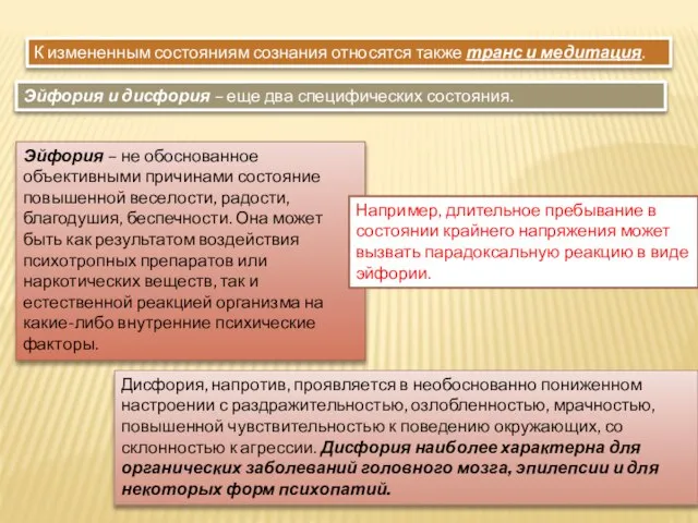 К измененным состояниям сознания относятся также транс и медитация. Эйфория и дисфория