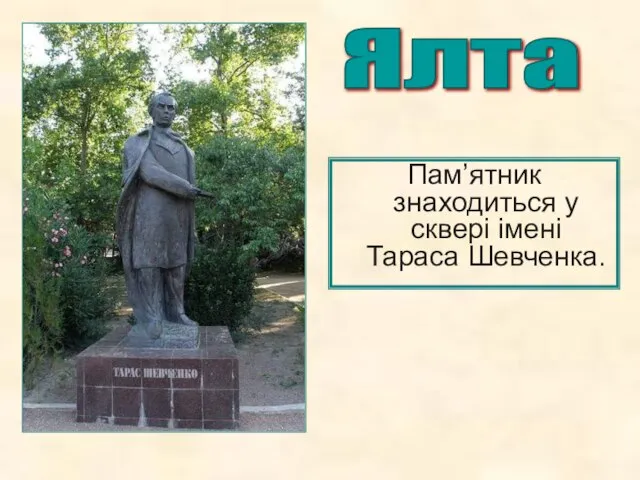 Пам’ятник знаходиться у сквері імені Тараса Шевченка. Ялта