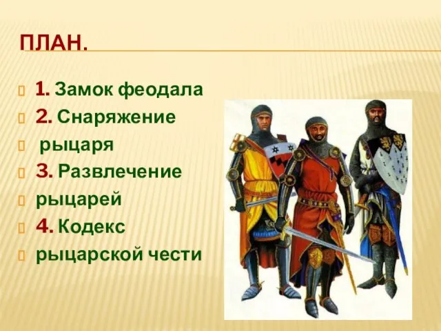 План. 1. Замок феодала 2. Снаряжение рыцаря 3. Развлечение рыцарей 4. Кодекс рыцарской чести