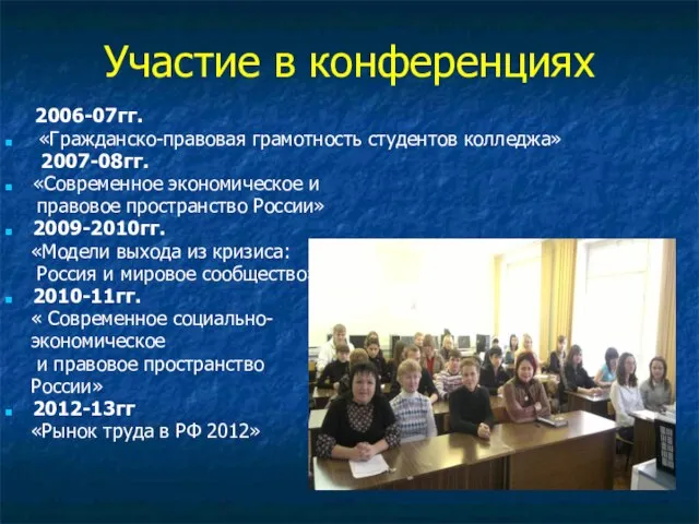 Участие в конференциях 2006-07гг. «Гражданско-правовая грамотность студентов колледжа» 2007-08гг. «Современное экономическое и