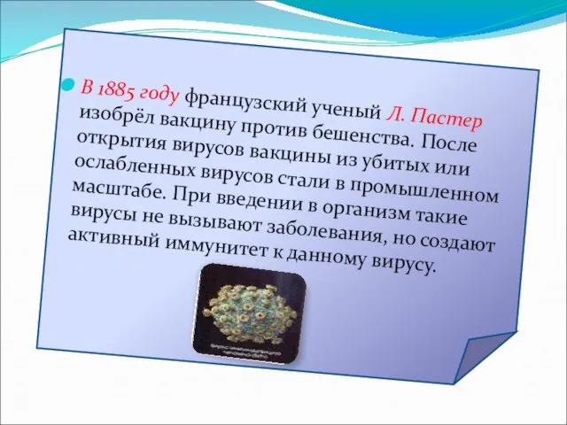 В 1885 году французский ученый Л. Пастер изобрёл вакцину против бешенства. После