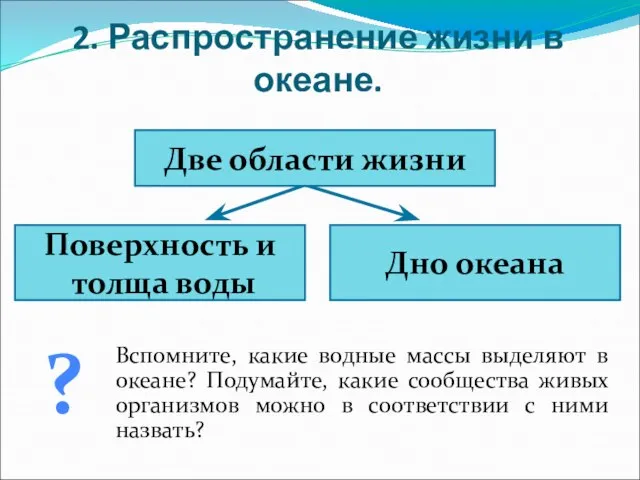 2. Распространение жизни в океане. Две области жизни Поверхность и толща воды