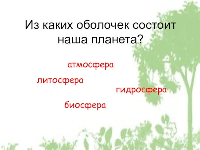 Из каких оболочек состоит наша планета? атмосфера литосфера гидросфера биосфера