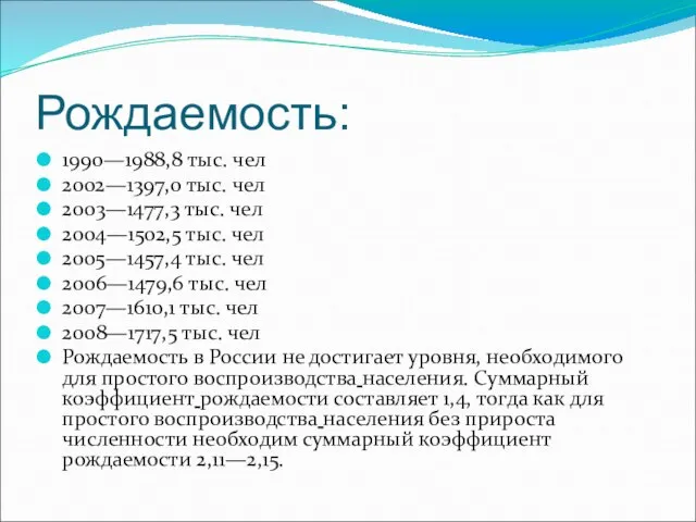 Рождаемость: 1990—1988,8 тыс. чел 2002—1397,0 тыс. чел 2003—1477,3 тыс. чел 2004—1502,5 тыс.