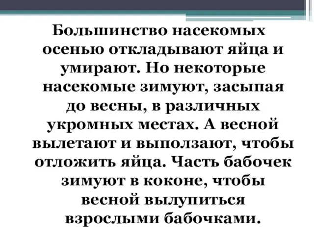 Большинство насекомых осенью откладывают яйца и умирают. Но некоторые насекомые зимуют, засыпая