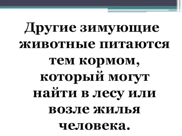 Другие зимующие животные питаются тем кормом, который могут найти в лесу или возле жилья человека.