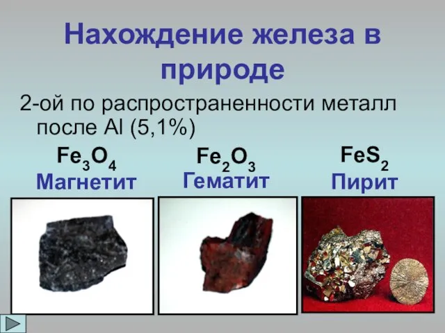 2-ой по распространенности металл после Al (5,1%) Нахождение железа в природе Fe3O4