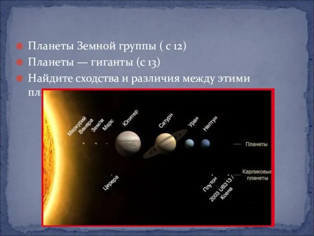 Планеты Земной группы ( с 12) Планеты — гиганты (с 13) Найдите