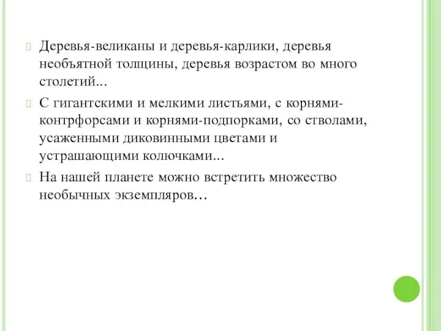 Деревья-великаны и деревья-карлики, деревья необъятной толщины, деревья возрастом во много столетий... С