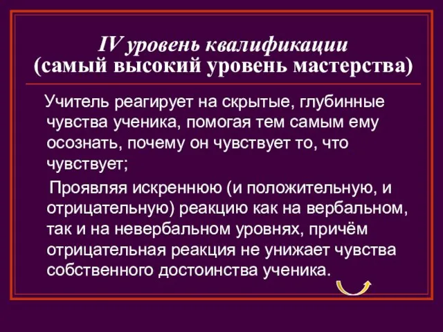 IV уровень квалификации (самый высокий уровень мастерства) Учитель реагирует на скрытые, глубинные