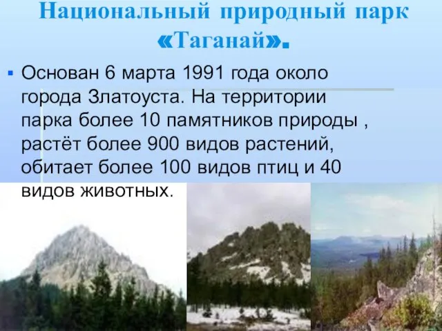 Основан 6 марта 1991 года около города Златоуста. На территории парка более