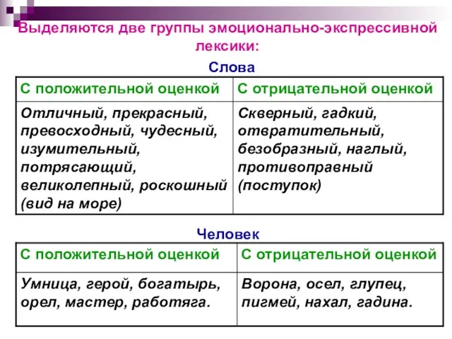 Слова Человек Выделяются две группы эмоционально-экспрессивной лексики: