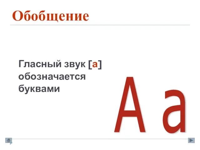 Обобщение Гласный звук [а] обозначается буквами А а