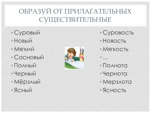 ОБРАЗУЙ ОТ ПРИЛАГАТЕЛЬНЫХ СУЩЕСТВИТЕЛЬНЫЕ Суровый Новый Мягкий Сосновый Полный Черный Мёрзлый Ясный