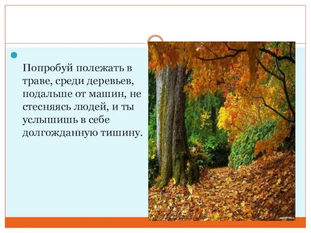 Попробуй полежать в траве, среди деревьев, подальше от машин, не стесняясь людей,