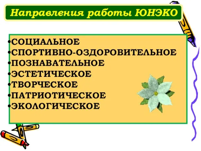 СОЦИАЛЬНОЕ СПОРТИВНО-ОЗДОРОВИТЕЛЬНОЕ ПОЗНАВАТЕЛЬНОЕ ЭСТЕТИЧЕСКОЕ ТВОРЧЕСКОЕ ПАТРИОТИЧЕСКОЕ ЭКОЛОГИЧЕСКОЕ Направления работы ЮНЭКО