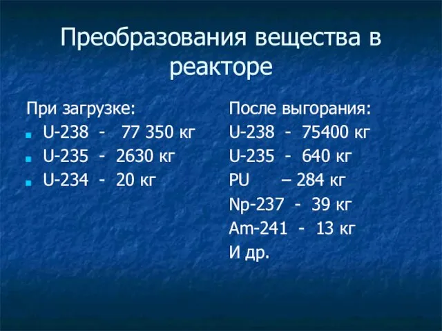 Преобразования вещества в реакторе При загрузке: U-238 - 77 350 кг U-235