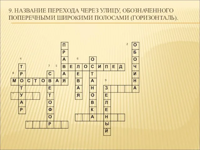 9. НАЗВАНИЕ ПЕРЕХОДА ЧЕРЕЗ УЛИЦУ, ОБОЗНАЧЕННОГО ПОПЕРЕЧНЫМИ ШИРОКИМИ ПОЛОСАМИ (ГОРИЗОНТАЛЬ).