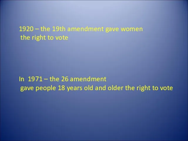 1920 – the 19th amendment gave women the right to vote In