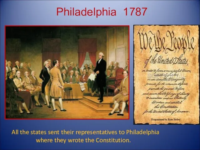 Philadelphia 1787 All the states sent their representatives to Philadelphia where they wrote the Constitution.