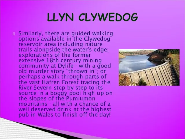 Similarly, there are guided walking options available in the Clywedog reservoir area