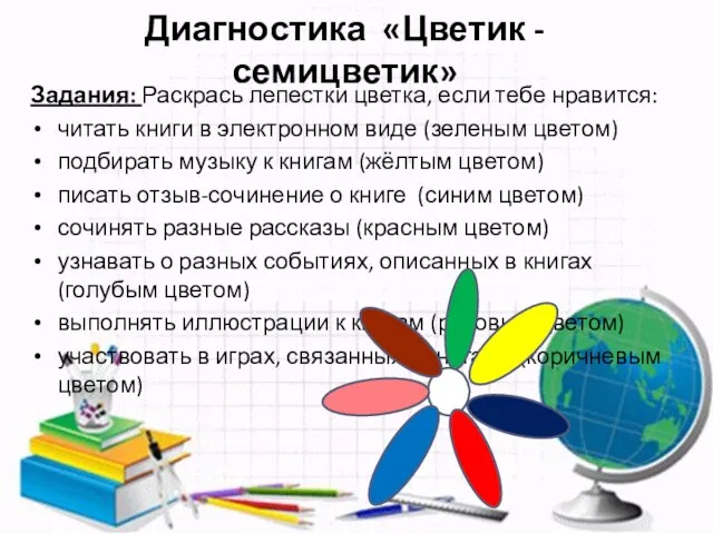 Диагностика «Цветик - семицветик» Задания: Раскрась лепестки цветка, если тебе нравится: читать