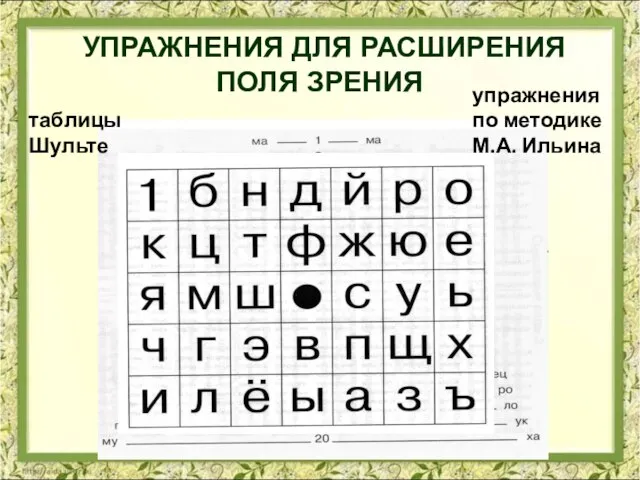 УПРАЖНЕНИЯ ДЛЯ РАСШИРЕНИЯ ПОЛЯ ЗРЕНИЯ таблицы Шульте упражнения по методике М.А. Ильина