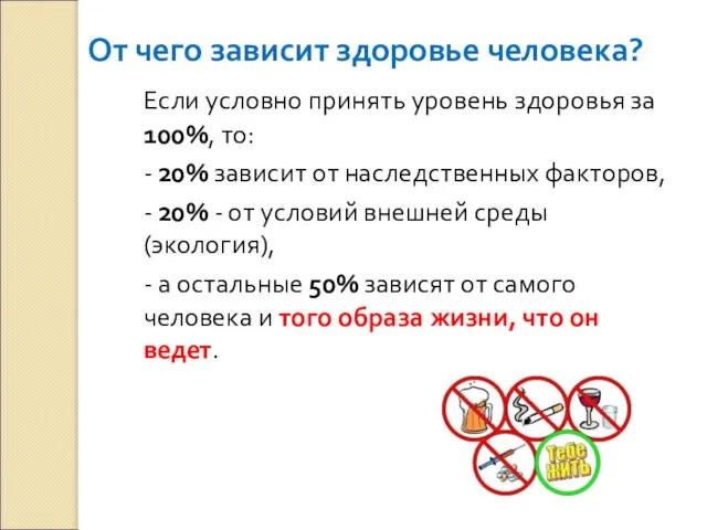 От чего зависит здоровье человека? Если условно принять уровень здоровья за 100%,