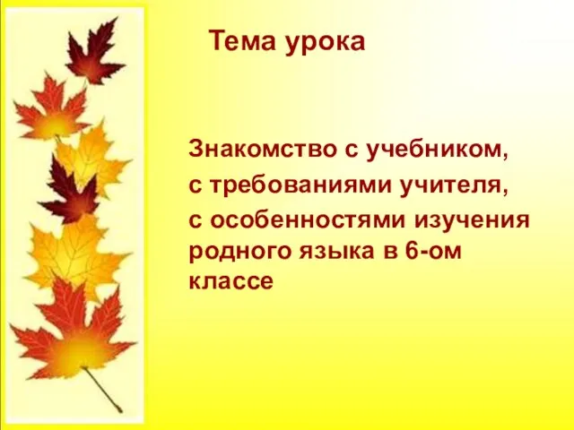 Тема урока Знакомство с учебником, с требованиями учителя, с особенностями изучения родного языка в 6-ом классе