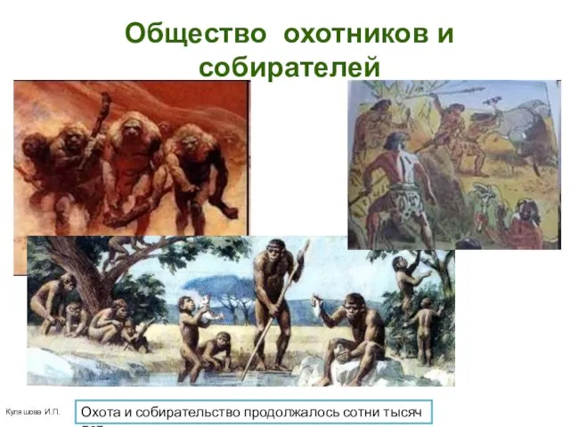 Куляшова И.П. Общество охотников и собирателей Охота и собирательство продолжалось сотни тысяч лет.