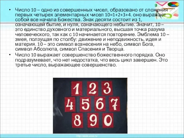 Число 10 – одно из совершенных чисел, образовано от сложения первых четырех