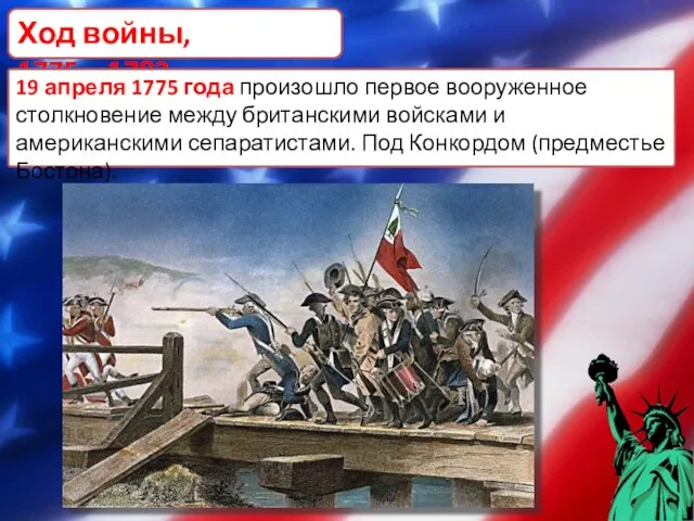Ход войны, 1775—1783 19 апреля 1775 года произошло первое вооруженное столкновение между
