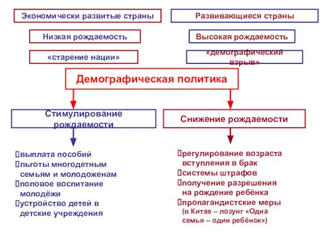 Экономически развитые страны Развивающиеся страны Высокая рождаемость Низкая рождаемость «старение нации» «демографический