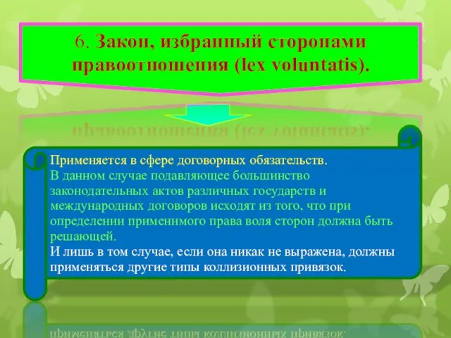 Применяется в сфере договорных обязательств. В данном случае подавляющее большинство законодательных актов