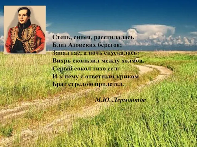 Степь, синея, расстилалась Близ Азовских берегов; Запад гас, а ночь спускалась: Вихрь