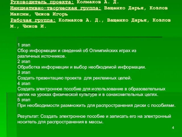 Руководитель проекта: Колмаков А. Д. Инициативно-творческая группа: Ващенко Дарья, Козлов Максим, Чижов