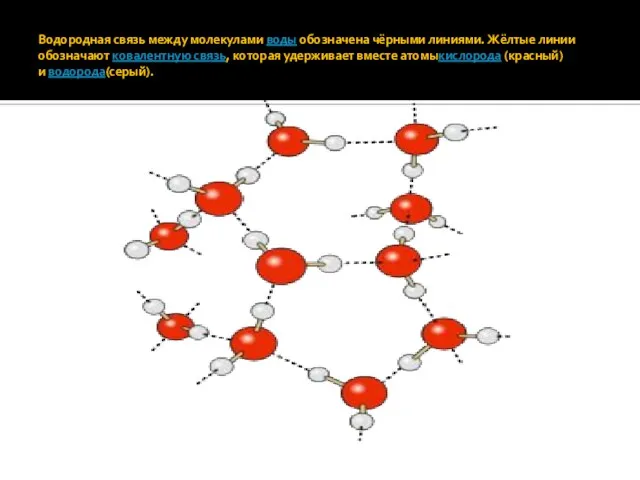 Водородная связь между молекулами воды обозначена чёрными линиями. Жёлтые линии обозначают ковалентную