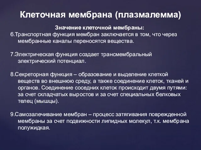 Клеточная мембрана (плазмалемма) Значение клеточной мембраны: 6.Транспортная функция мембран заключается в том,