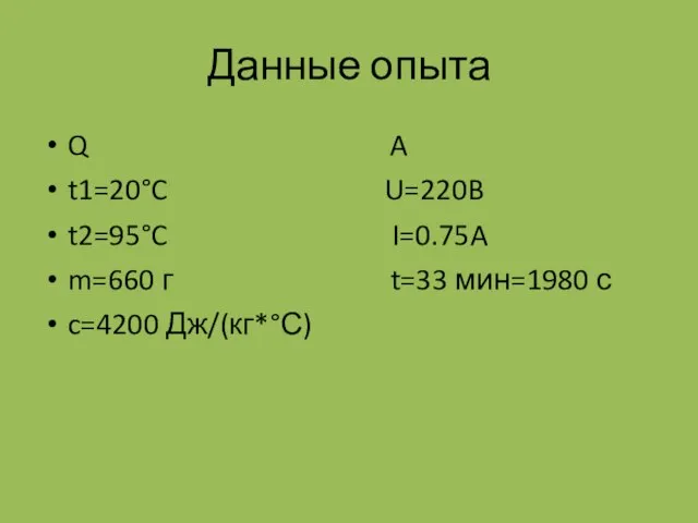 Данные опыта Q A t1=20°C U=220B t2=95°C I=0.75A m=660 г t=33 мин=1980 с c=4200 Дж/(кг*°С)