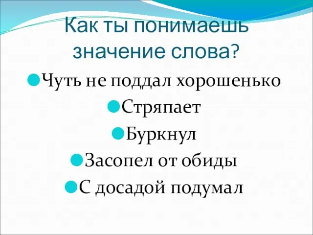 Как ты понимаешь значение слова? Чуть не поддал хорошенько Стряпает Буркнул Засопел