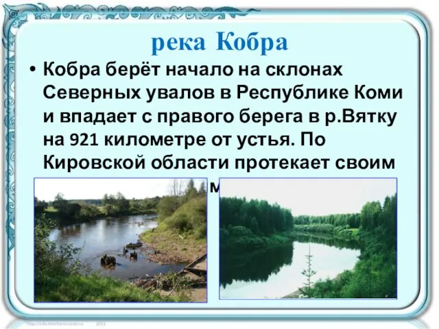 река Кобра Кобра берёт начало на склонах Северных увалов в Республике Коми