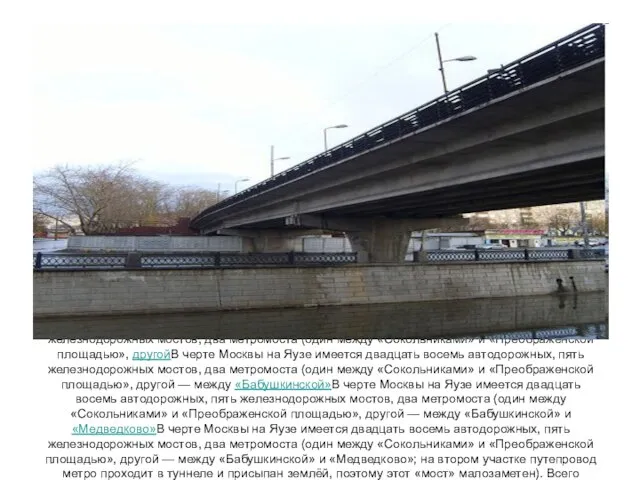 В черте Москвы на Яузе имеется двадцать восемь автодорожных, пять железнодорожныхВ черте