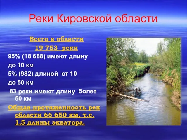 Реки Кировской области Всего в области 19 753 реки 95% (18 688)