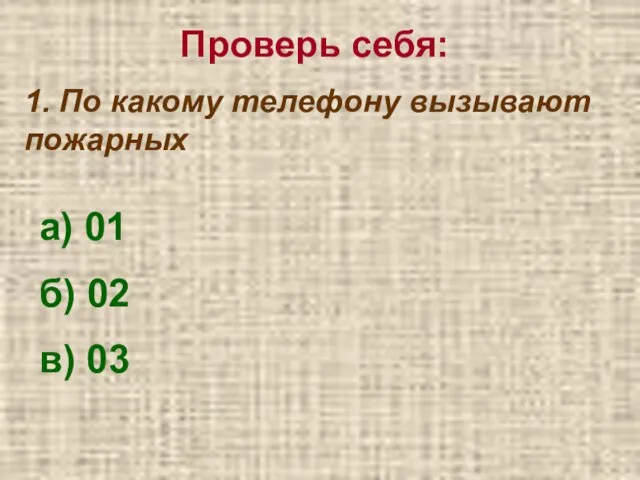 Проверь себя: 1. По какому телефону вызывают пожарных а) 01 б) 02 в) 03