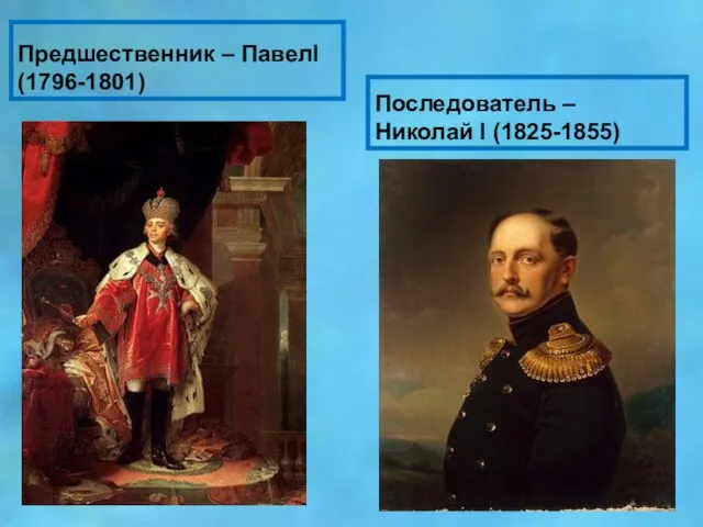Предшественник – ПавелI (1796-1801) Последователь – Николай I (1825-1855)