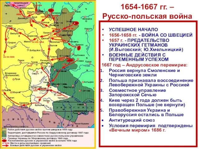 1654-1667 гг. – Русско-польская война УСПЕШНОЕ НАЧАЛО 1656-1658 гг. - ВОЙНА СО