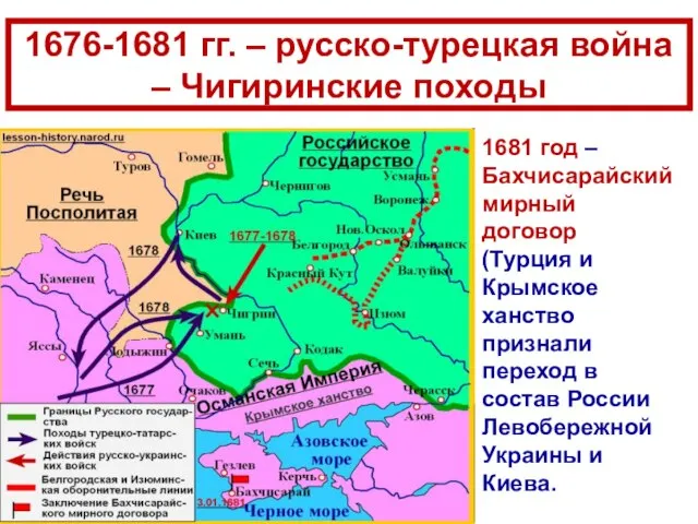 1676-1681 гг. – русско-турецкая война – Чигиринские походы 1681 год – Бахчисарайский